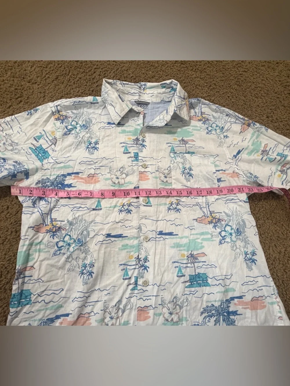 Izod Men's Light Blue Tropical-Print Short-Sleeve Button-Down Shirt Size XL - Picture 8 of 10